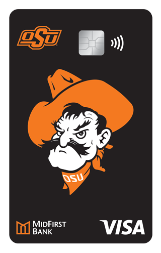 A black MidFirst Bank credit card with Pistol Pete's face and the OSU logo
