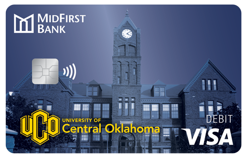 A MidFirst Bank Visa Debit Card with the UCO logo and the UCO library in the background