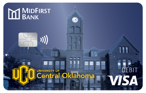 A MidFirst Bank Visa Debit Card with the UCO logo and the UCO library in the background