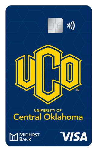 A blue Visa rewards credit card with the UCO logo