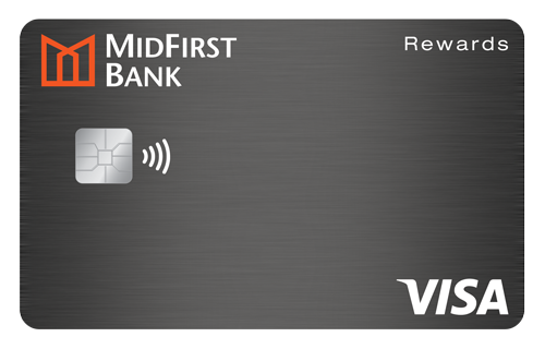 Gray MidFirst Bank credit card with the words "rewards" in the top right corner