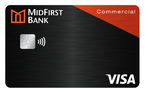 A black and orange MidFirst Bank Commercial Visa Credit Card.