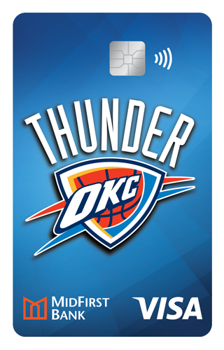 A blue MidFirst Bank Platinum Credit Card with the OKC Thunder logo
