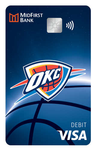 A blue MidFirst Bank Visa debit card with the OKC Thunder logo