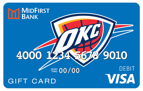 A blue MidFirst Bank Gift Card with the OKC Thunder logo